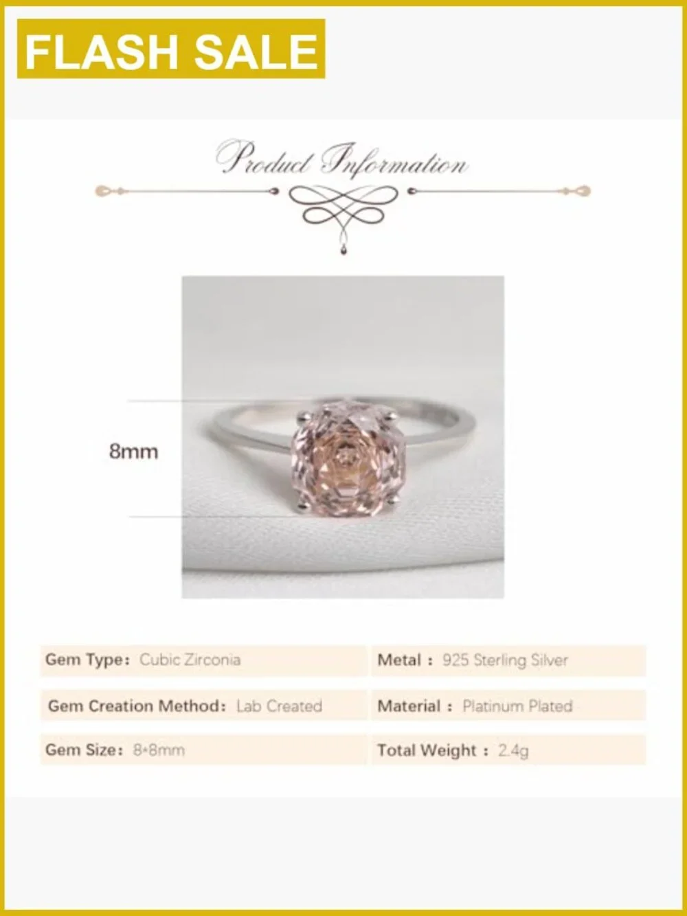 Octagonal Cut Solitaire Ring - Rose Gold Plated 925 Sterling Silver Wedding Band